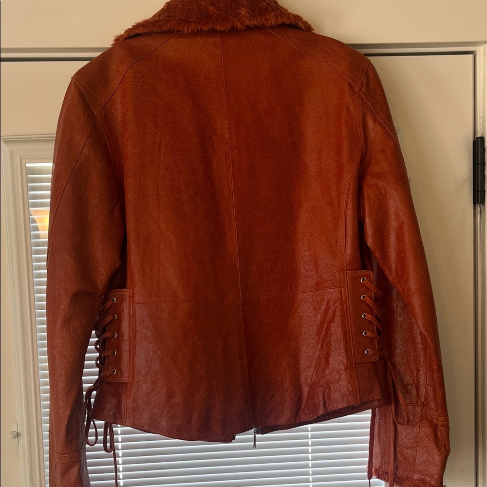 XOXO Women's Rust Faux Leather Jacket with Faux Fur Collar - Picture 5 of 11
